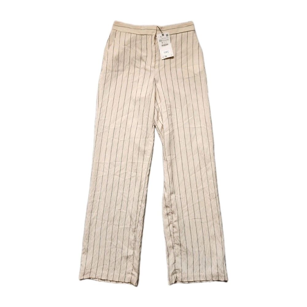 Zara Cream Wide Straight-Leg Pinstripe Pants